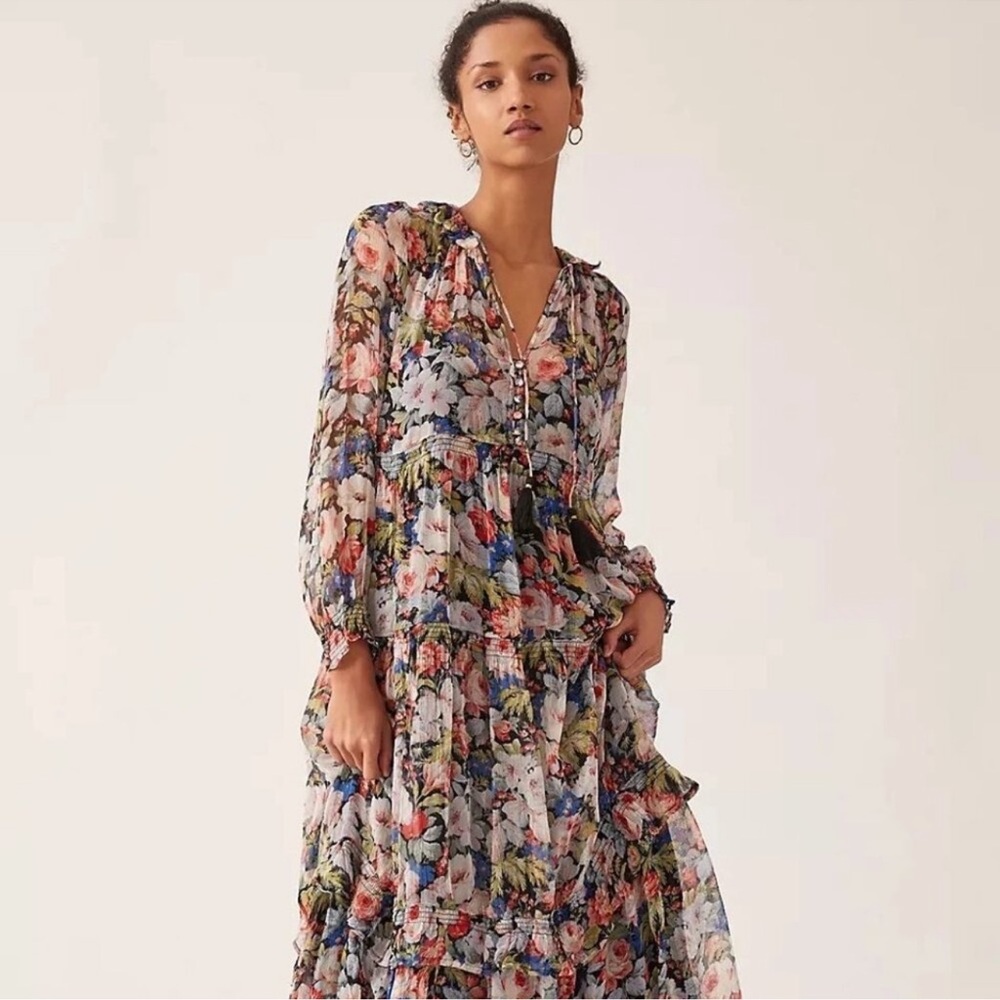 Anthropologie The Marais Printed Chiffon lined tiered Maxi Dress 1XL